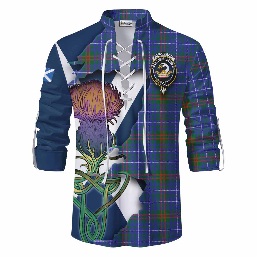Tartan Vibes Clothing Edmonstone Tartan Family Crest Ghillie Kilt Shirt Scottish Thistle Celtic Inspired