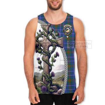 Edmonstone Tartan Men's Tank Top with Family Crest and St. Andrew's Cross Accented by Thistle Vines - Tartan Vibes Clothing