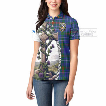 Edmonstone Tartan Women's Polo Shirt with Family Crest and St. Andrew's Cross Accented by Thistle Vines - Tartan Vibes Clothing