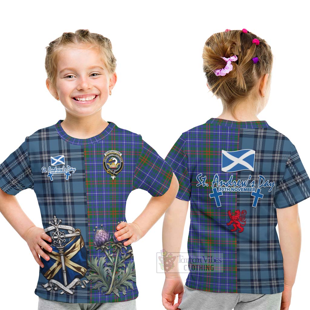 Edmonstone Tartan Kid T-Shirt Happy St. Andrew's Day Half Tartan Style - Tartan Vibes Clothing
