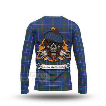 Edmonstone Tartan Long Sleeve T-Shirt with Family Crest and Bearded Skull Holding Bottles of Whiskey - Tartan Vibes Clothing
