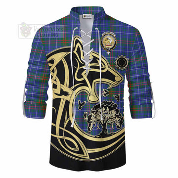 Edmonstone Tartan Ghillie Kilt Shirt with Family Crest Celtic Wolf Style - Tartan Vibes Clothing