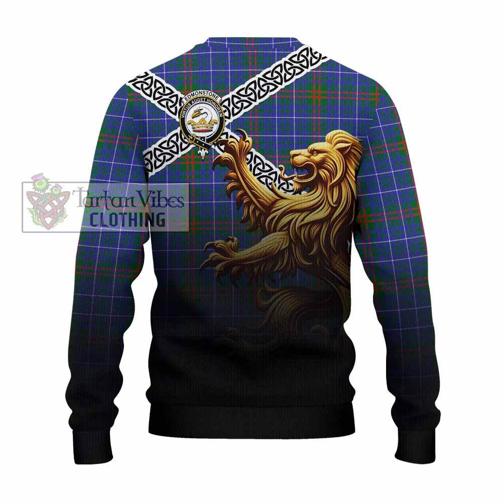 Edmonstone Crest Tartan Knitted Sweater with Golden Lion Emblem Celtic Style - Tartan Vibes Clothing