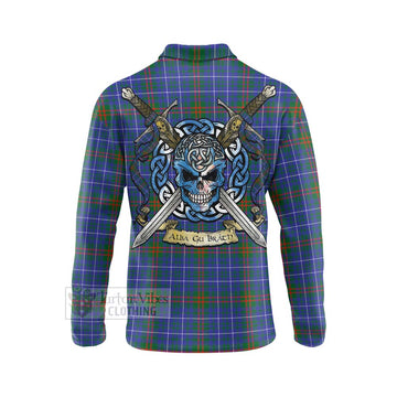 Edmonstone Tartan Long Sleeve Polo Shirt with Family Crest Celtic Skull Style - Tartan Vibes Clothing