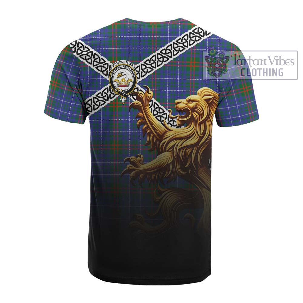 Edmonstone Crest Tartan Cotton T-shirt with Golden Lion Emblem Celtic Style - Tartan Vibes Clothing