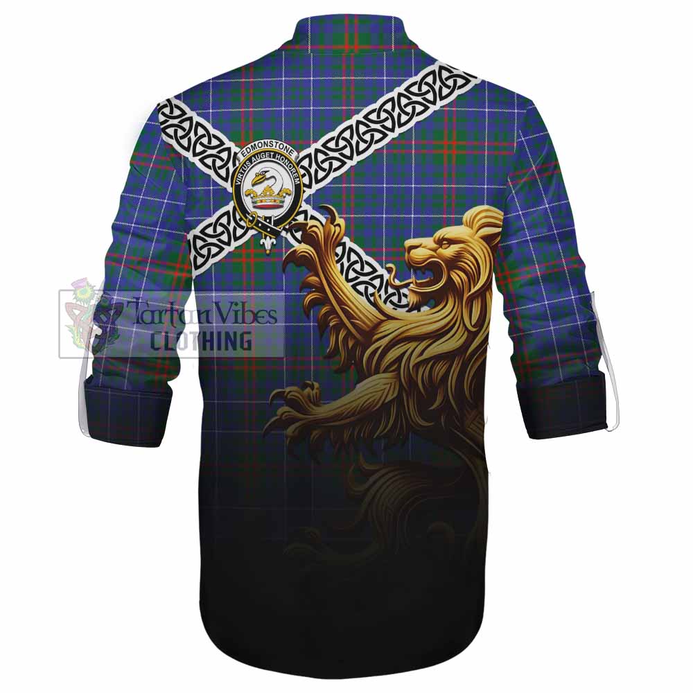 Edmonstone Crest Tartan Ghillie Kilt Shirt with Golden Lion Emblem Celtic Style - Tartan Vibes Clothing
