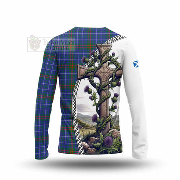 Edmonstone Tartan Long Sleeve T-Shirt with Family Crest and St. Andrew's Cross Accented by Thistle Vines - Tartan Vibes Clothing