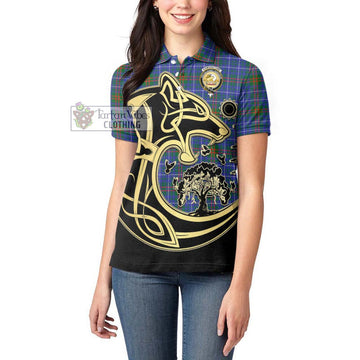 Edmonstone Tartan Women's Polo Shirt with Family Crest Celtic Wolf Style - Tartan Vibes Clothing