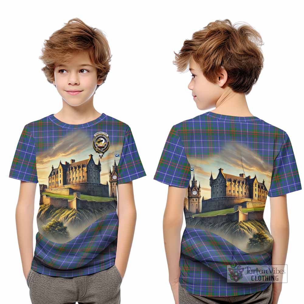 Edmonstone Tartan Family Crest Kid T-Shirt with Scottish Ancient Castle Style - Tartan Vibes Clothing