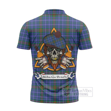 Edmonstone Tartan Zipper Polo Shirt with Family Crest and Bearded Skull Holding Bottles of Whiskey
