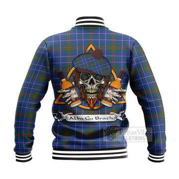 Edmonstone Tartan Baseball Jacket with Family Crest and Bearded Skull Holding Bottles of Whiskey - Tartan Vibes Clothing