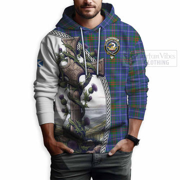Edmonstone Tartan Hoodie with Family Crest and St. Andrew's Cross Accented by Thistle Vines - Tartan Vibes Clothing
