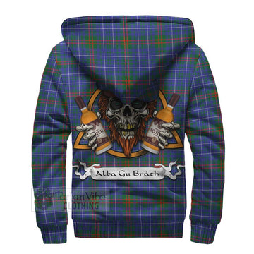 Edmonstone Tartan Sherpa Hoodie with Family Crest and Bearded Skull Holding Bottles of Whiskey - Tartan Vibes Clothing