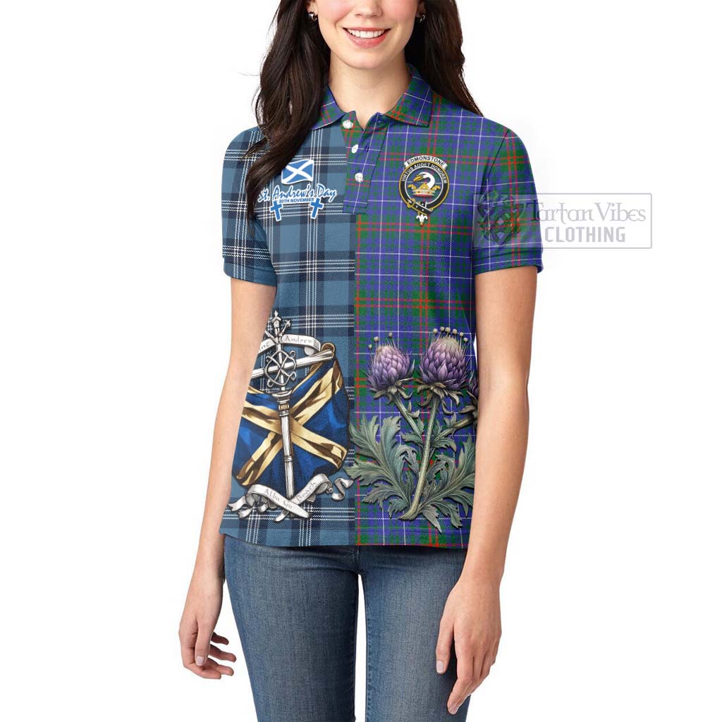 Edmonstone Tartan Women's Polo Shirt Happy St. Andrew's Day Half Tartan Style - Tartan Vibes Clothing