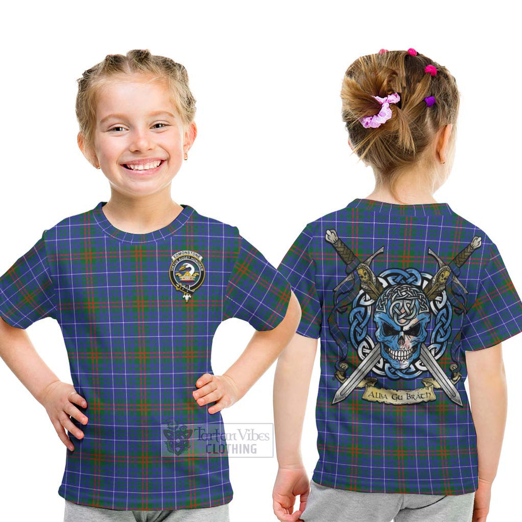Edmonstone Tartan Kid T-Shirt with Family Crest Celtic Skull Style - Tartan Vibes Clothing