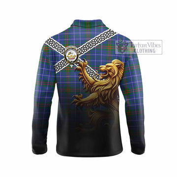 Edmonstone Crest Tartan Long Sleeve Polo Shirt with Golden Lion Emblem Celtic Style - Tartan Vibes Clothing