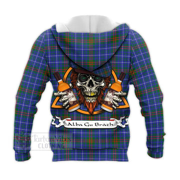 Edmonstone Tartan Knitted Hoodie with Family Crest and Bearded Skull Holding Bottles of Whiskey - Tartan Vibes Clothing