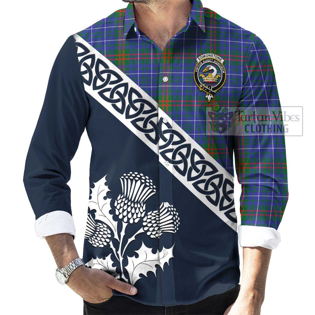 Edmonstone Tartan Long Sleeve Button Shirt Featuring Thistle and Scotland Map Men's Shirt - Tartan Vibes Clothing