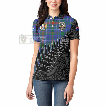 Edmonstone Crest Tartan Women's Polo Shirt with New Zealand Silver Fern Half Style - Tartan Vibes Clothing