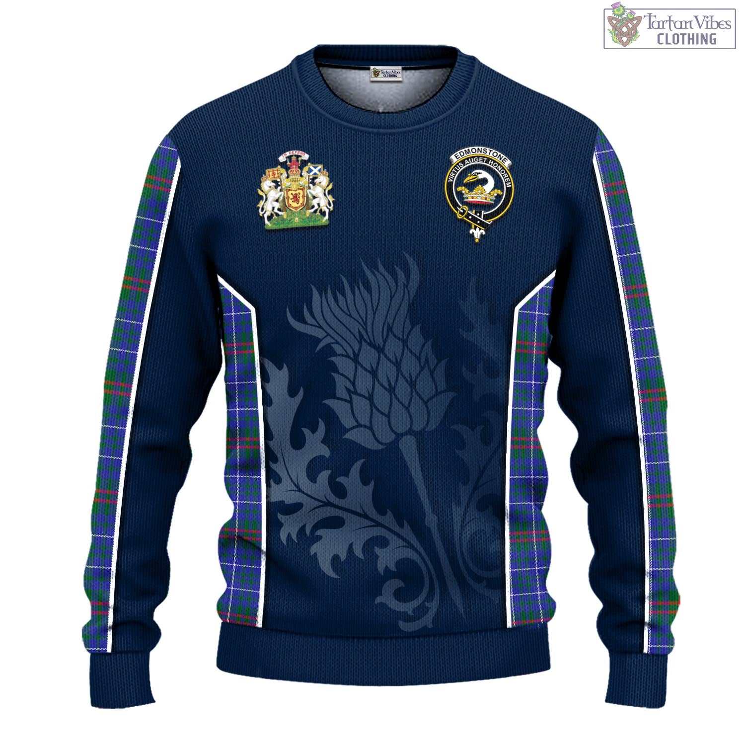 Edmonstone Tartan Knitted Sweatshirt with Family Crest and Scottish Thistle Vibes Sport Style - Tartan Vibes Clothing
