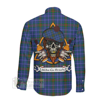 Edmonstone Tartan Long Sleeve Button Shirt with Family Crest and Bearded Skull Holding Bottles of Whiskey Men's Shirt - Tartan Vibes Clothing