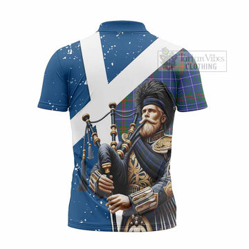 Edmonstone Tartan Zipper Polo Shirt with Family Crest Scottish Bagpiper Vibes