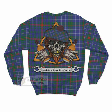 Edmonstone Tartan Sweatshirt with Family Crest and Bearded Skull Holding Bottles of Whiskey - Tartan Vibes Clothing