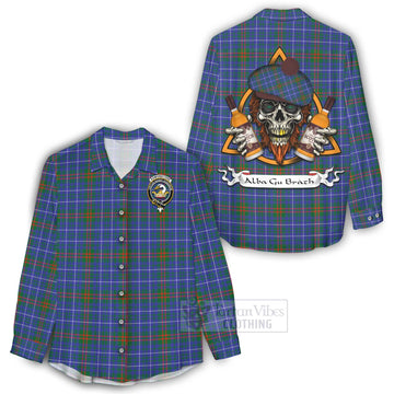 Edmonstone Tartan Women's Casual Shirt with Family Crest and Bearded Skull Holding Bottles of Whiskey - Tartan Vibes Clothing