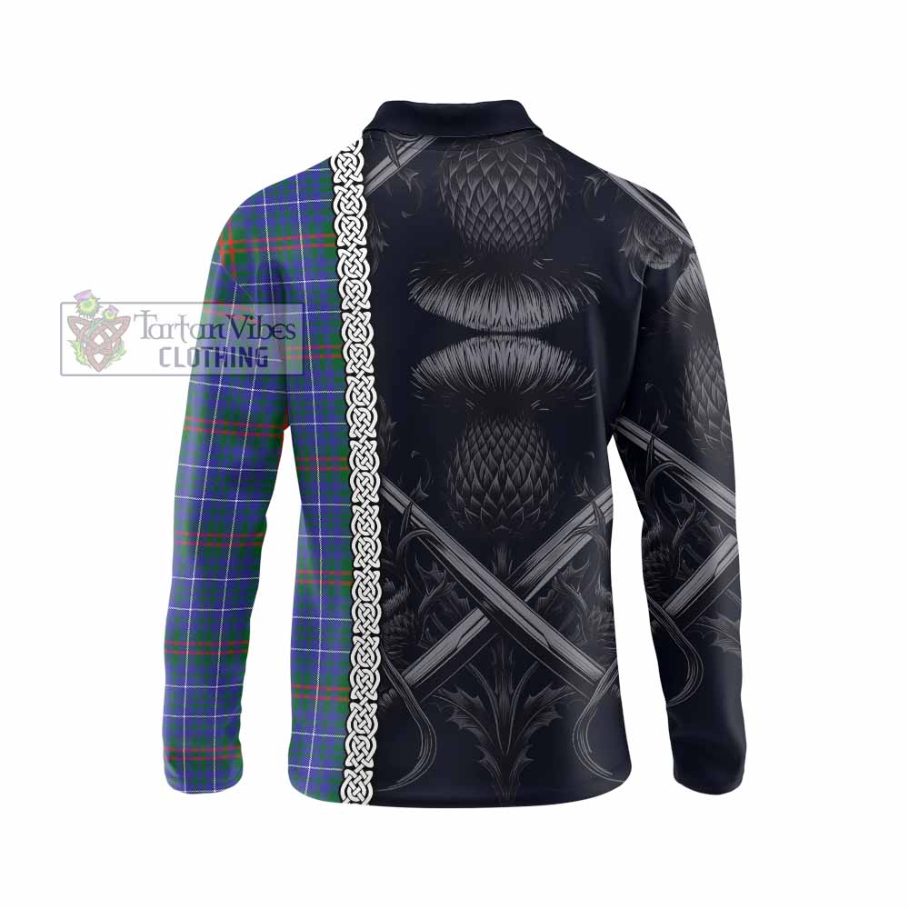 Edmonstone Tartan Long Sleeve Polo Shirt with Family Crest Cross Sword Thistle Celtic Vibes - Tartan Vibes Clothing