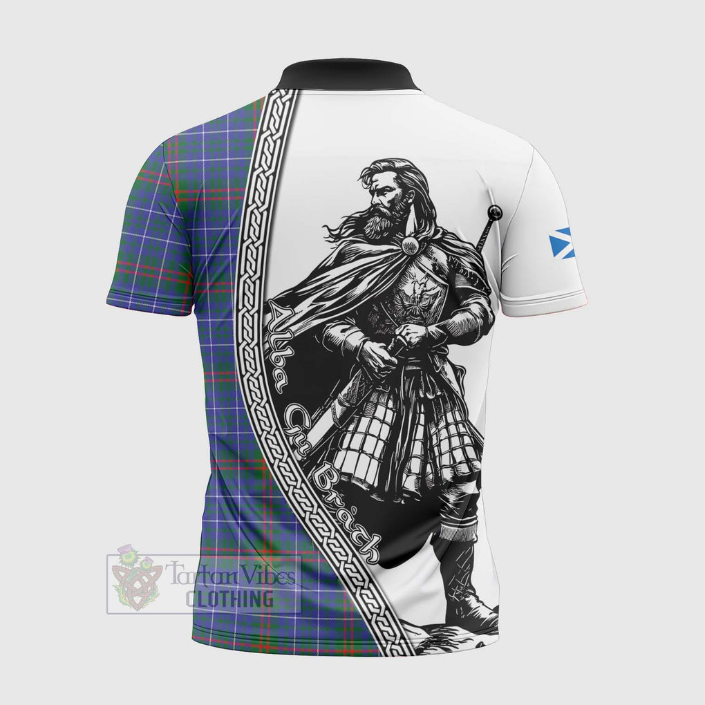 Edmonstone Tartan Clan Crest Zipper Polo Shirt with Highlander Warrior Celtic Style - Tartan Vibes Clothing