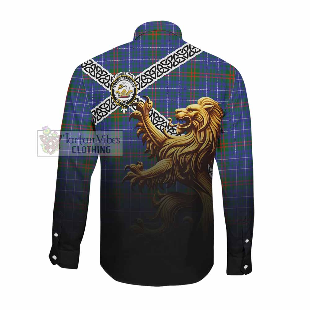 Edmonstone Crest Tartan Long Sleeve Button Shirt with Golden Lion Emblem Celtic Style Men's Shirt - Tartan Vibes Clothing
