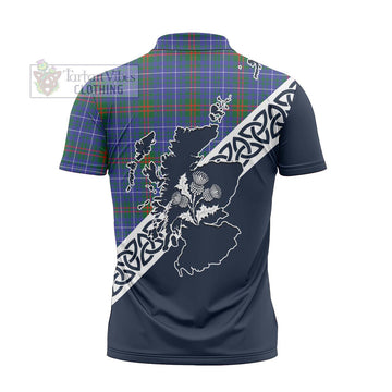 Edmonstone Tartan Zipper Polo Shirt Featuring Thistle and Scotland Map