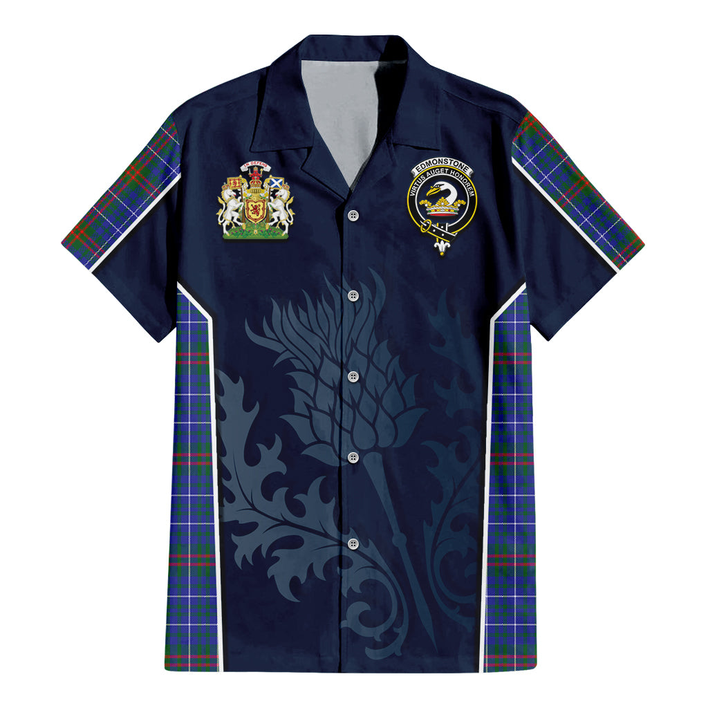 Edmonstone Tartan Hawaiian Shirt with Family Crest and Scottish Thistle Vibes Sport Style - Tartan Vibes Clothing