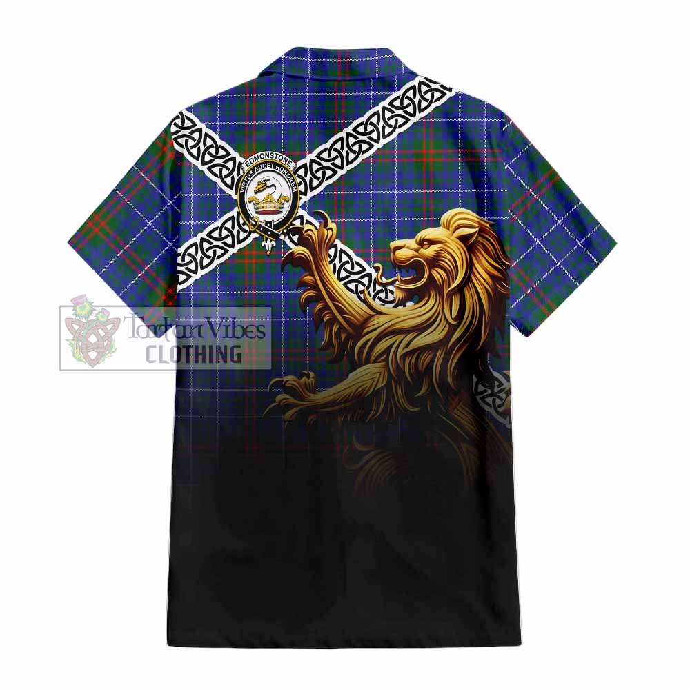 Tartan Vibes Clothing Edmonstone Crest Tartan Short Sleeve Button Shirt with Golden Lion Emblem Celtic Style
