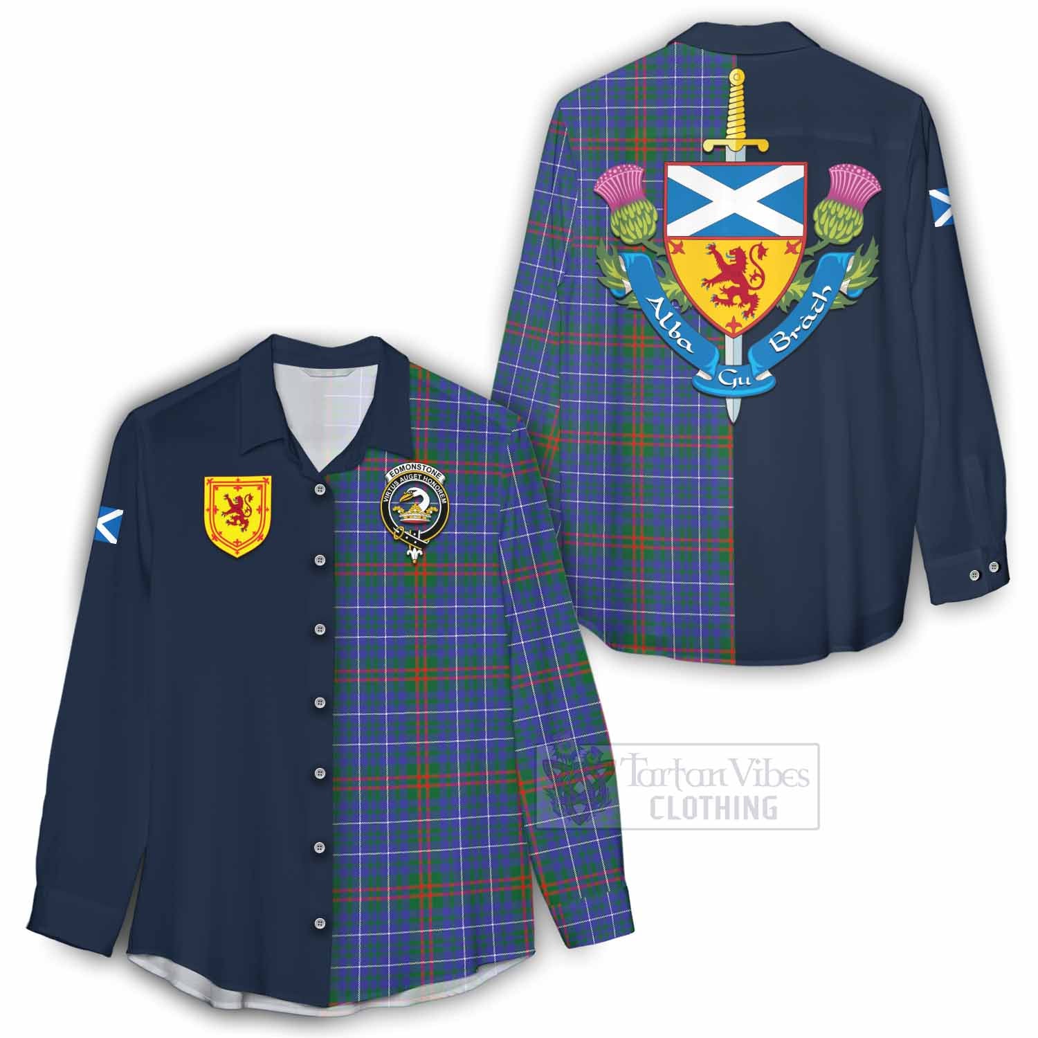 Edmonstone Tartan Women's Casual Shirt Alba with Scottish Lion Royal Arm Half Style - Tartan Vibes Clothing