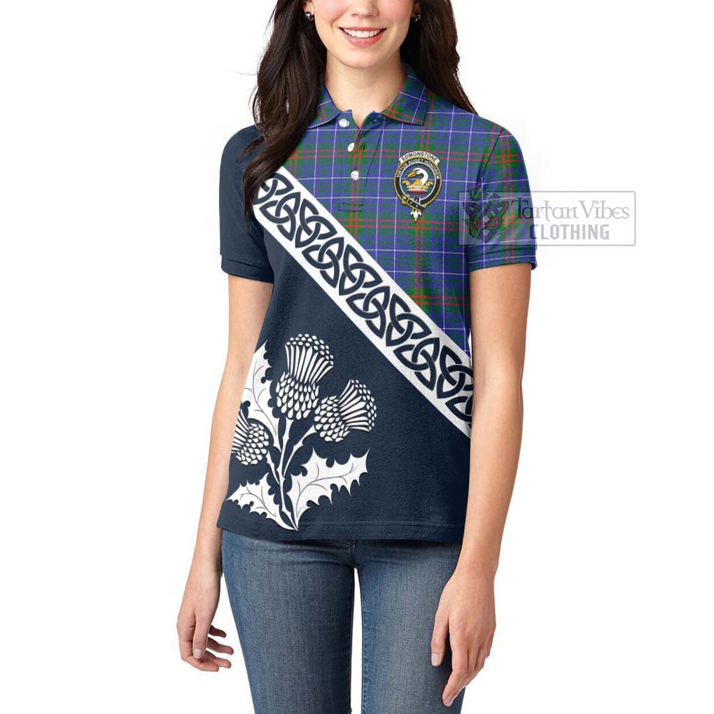 Edmonstone Tartan Women's Polo Shirt Featuring Thistle and Scotland Map - Tartanvibesclothing Store
