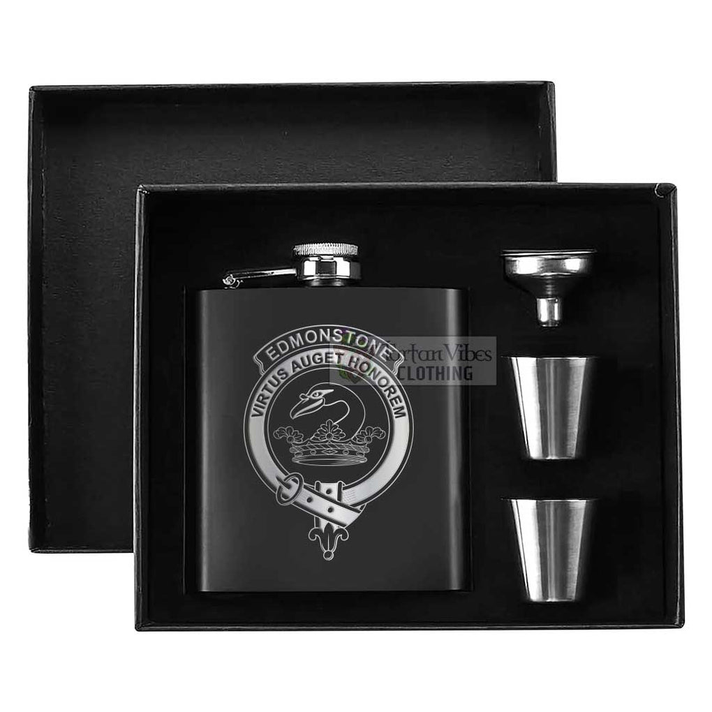 Tartan Vibes Clothing Edmonstone Crest Hip Flask Set 7oz Black Stainless Steel with A Gift Box