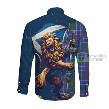 Edmonstone Tartan Family Crest Long Sleeve Button Shirt with Scottish Majestic Lion Men's Shirt - Tartan Vibes Clothing