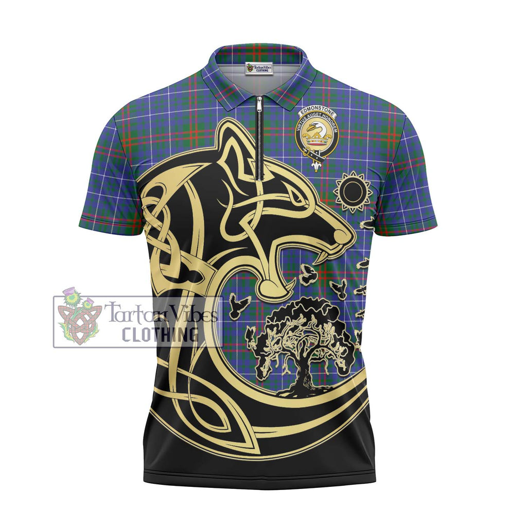 Edmonstone Tartan Zipper Polo Shirt with Family Crest Celtic Wolf Style - Tartanvibesclothing Shop