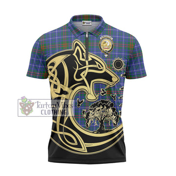 Edmonstone Tartan Zipper Polo Shirt with Family Crest Celtic Wolf Style