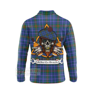Edmonstone Tartan Long Sleeve Polo Shirt with Family Crest and Bearded Skull Holding Bottles of Whiskey - Tartan Vibes Clothing