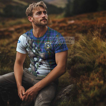 Edmonstone Tartan T-Shirt with Family Crest and St. Andrew's Cross Accented by Thistle Vines - Tartan Vibes Clothing