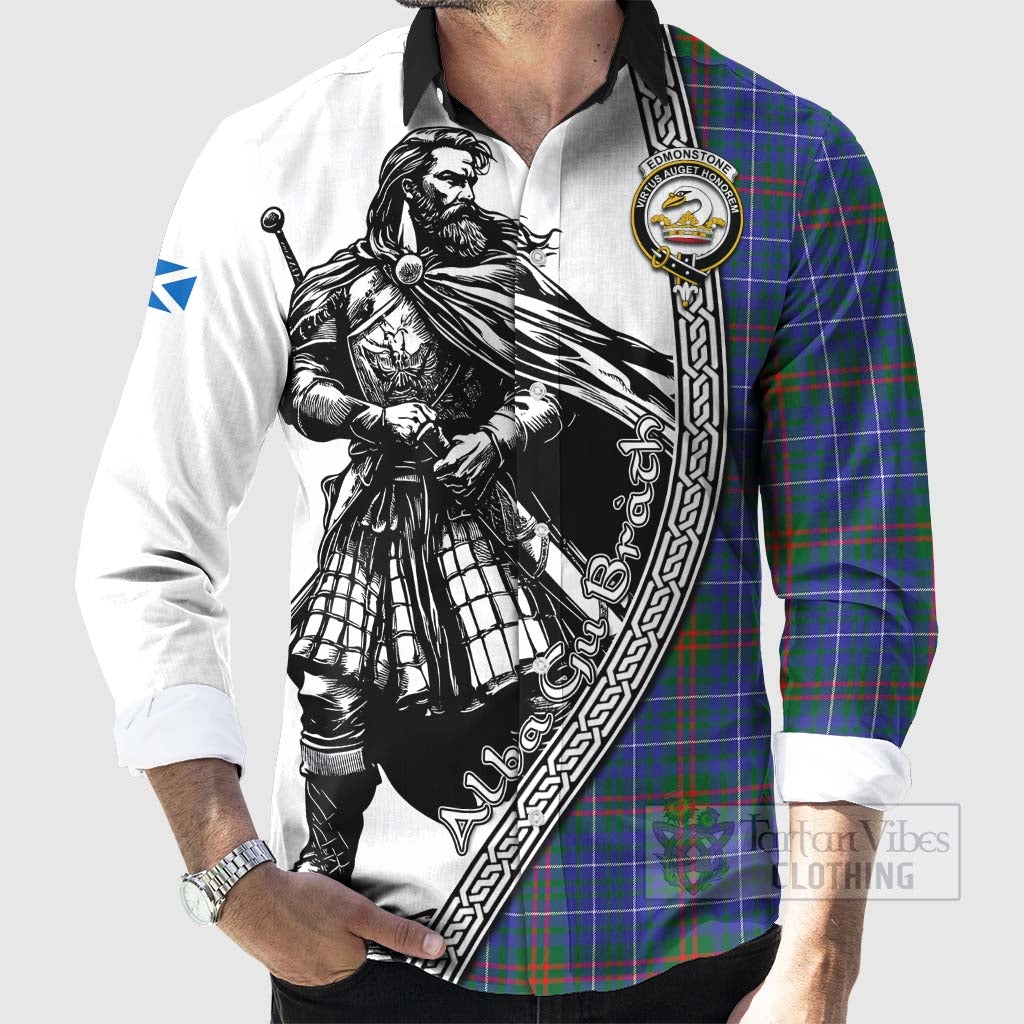 Edmonstone Tartan Clan Crest Long Sleeve Button Shirt with Highlander Warrior Celtic Style - Tartan Vibes Clothing