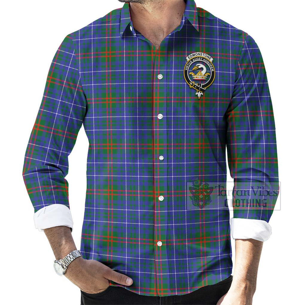 Edmonstone Tartan Long Sleeve Button Shirt with Family Crest Celtic Skull Style - Tartan Vibes Clothing