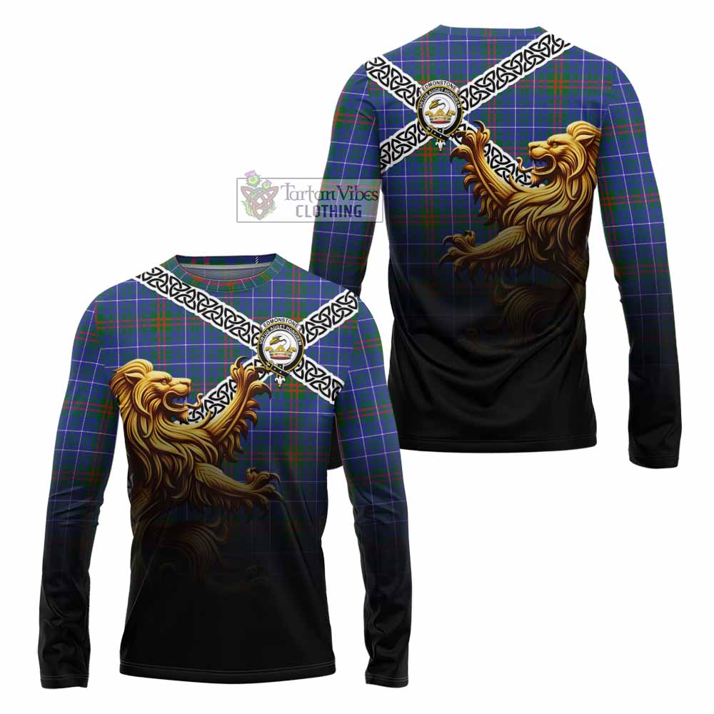 Edmonstone Crest Tartan Long Sleeve T-Shirt with Golden Lion Emblem Celtic Style - Tartan Vibes Clothing