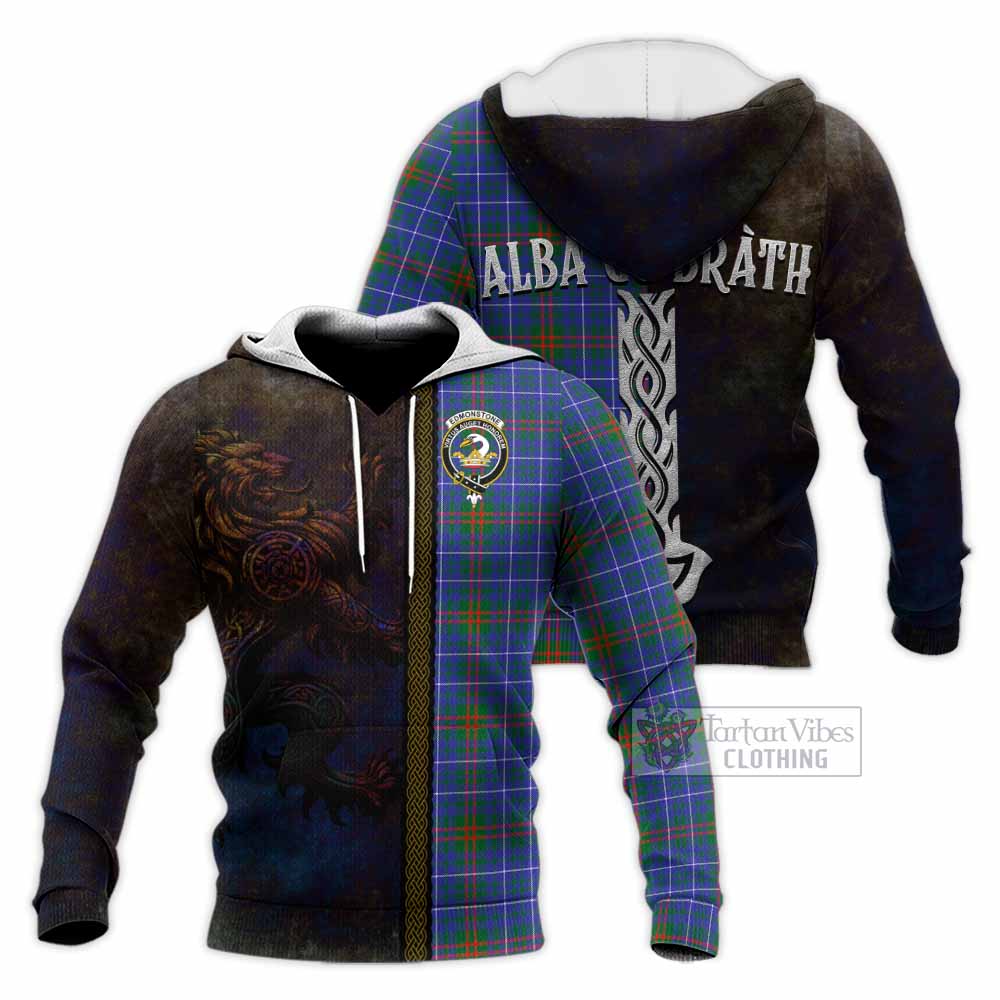 Tartan Vibes Clothing Edmonstone Tartan Family Crest Knitted Hoodie Alba Gu Brath Be Brave Lion Ancient Style