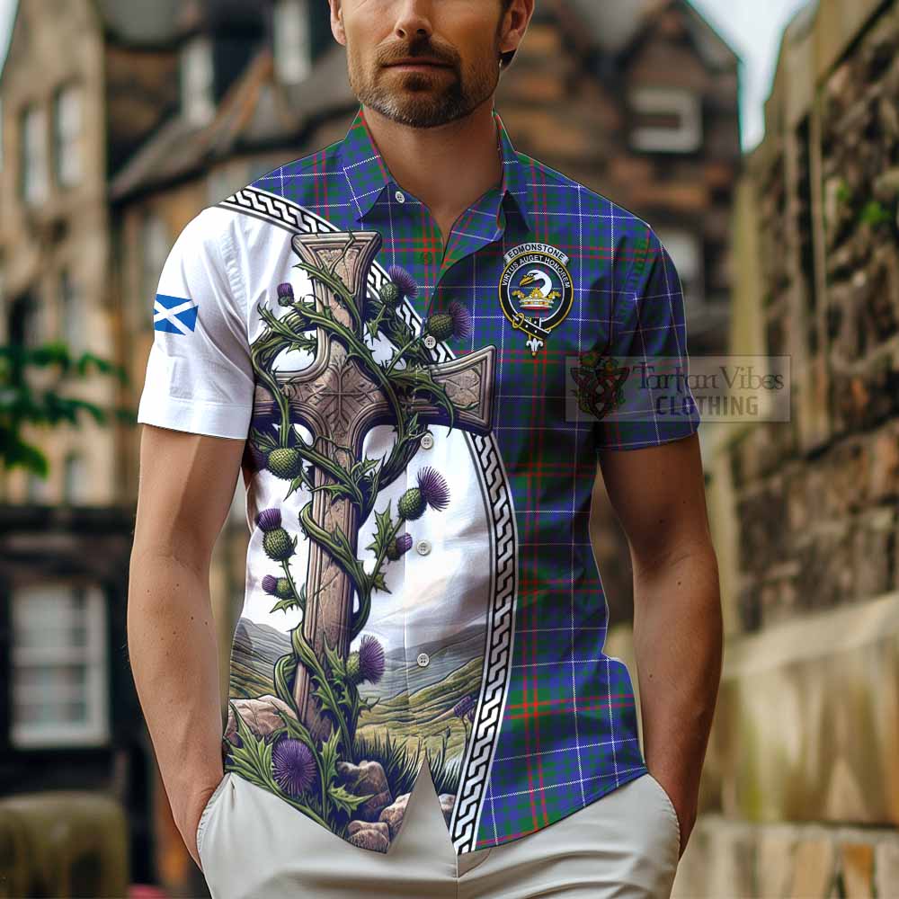 Edmonstone Tartan Hawaiian Shirt with Family Crest and St. Andrew's Cross Accented by Thistle Vines - Tartan Vibes Clothing