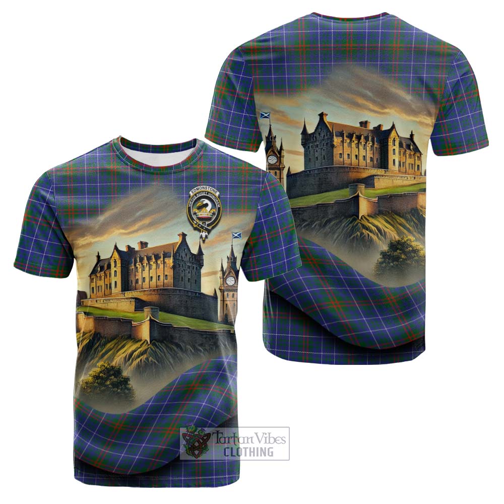 Edmonstone Tartan Family Crest Cotton T-shirt with Scottish Ancient Castle Style - Tartan Vibes Clothing