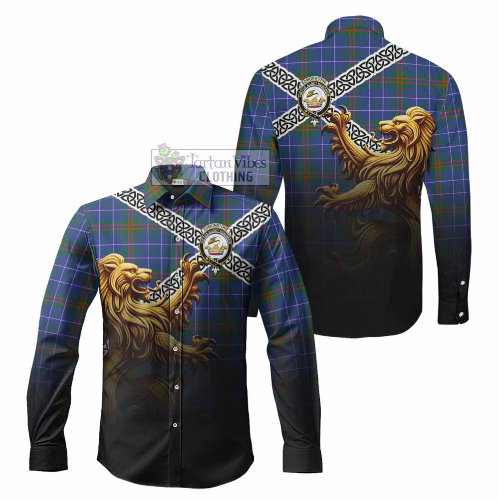 Edmonstone Crest Tartan Long Sleeve Button Shirt with Golden Lion Emblem Celtic Style - Tartan Vibes Clothing