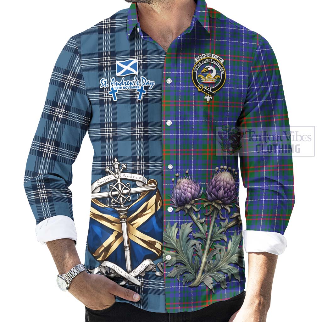 Edmonstone Tartan Long Sleeve Button Shirt Happy St. Andrew's Day Half Tartan Style - Tartan Vibes Clothing